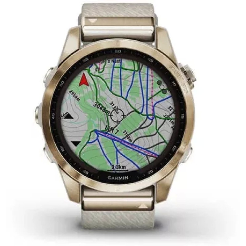 Умные часы Garmin Fenix 7S Sapphire Solar 42 мм (золотой титан/меланж нейлон)